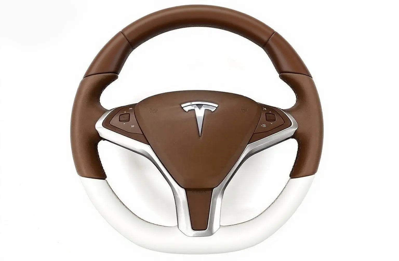Brown-and-White-Tesla-Leather-Steering-Wheel-A-Fashionable-Work-of-Art Axeco