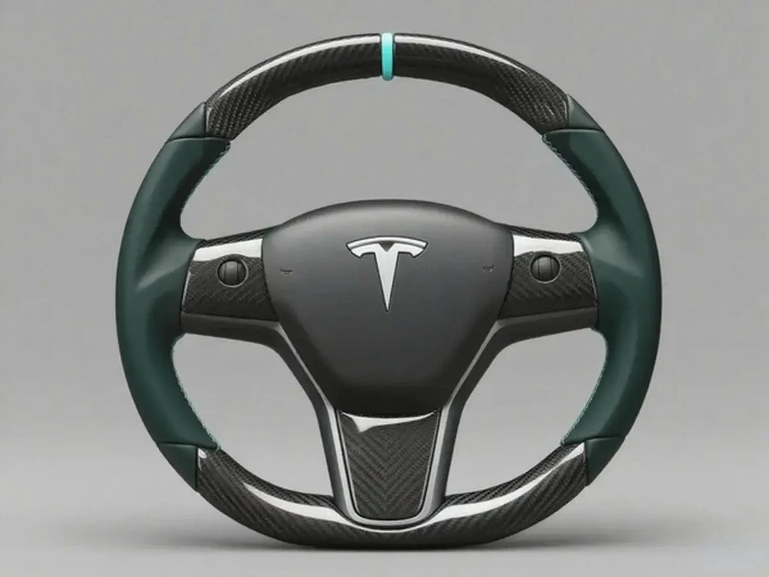 Carbon-Fiber-and-Dark-Green-Tesla-Steering-Wheel-Outlining-a-New-Driving-Style Axeco