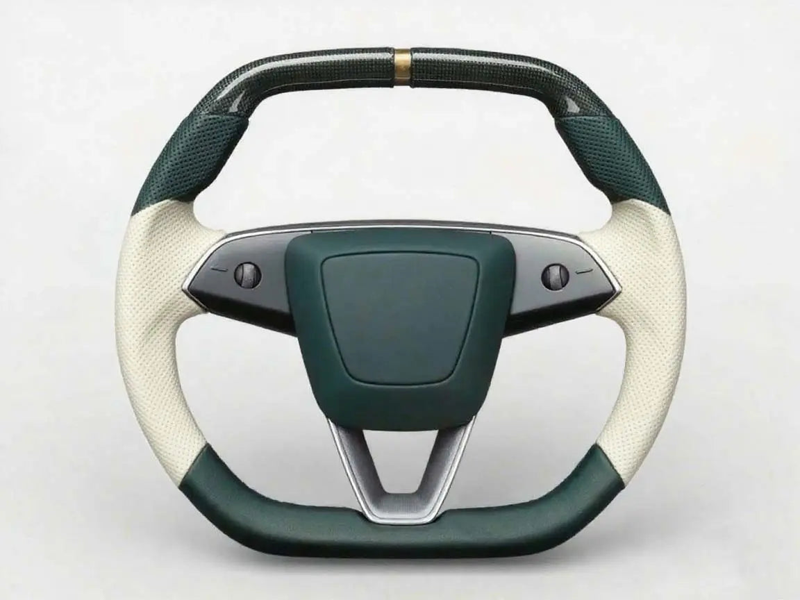 Elegant-style-Tesla-steering-wheel-in-dark-green-and-off-white Axeco