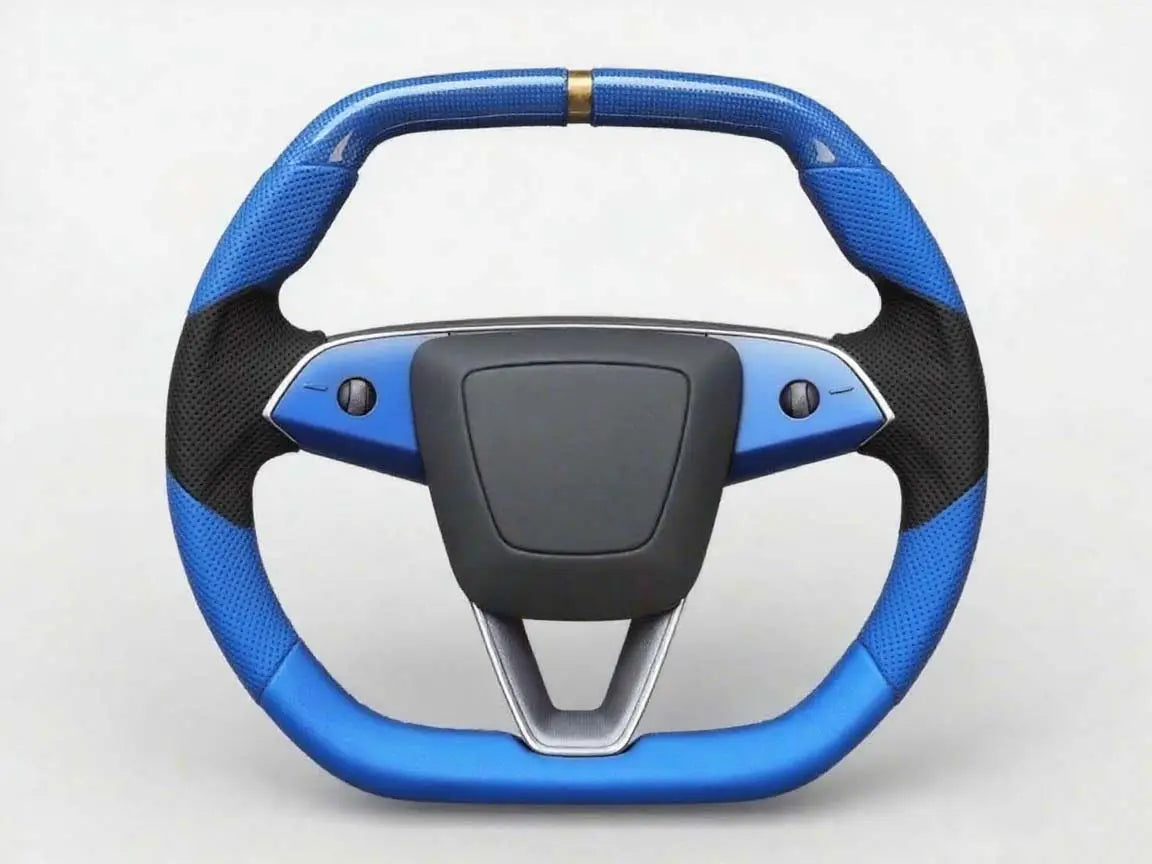 Experience-the-dynamic-yet-steady-style-of-the-two-tone-Tesla-steering-wheel-featuring-a-sleek-blue-and-black-design. Axeco