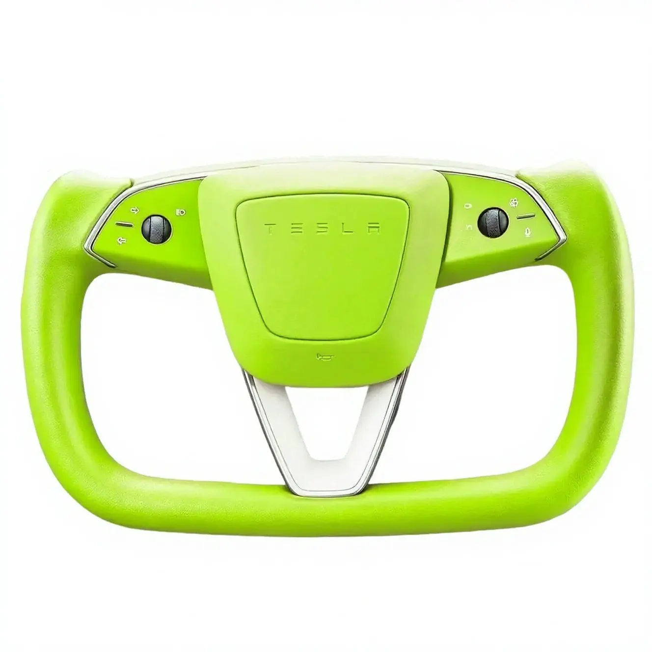 Fluorescent-green-Yoke-Tesla-steering-wheel-the-finishing-touch-to-a-personalized-cockpit. Axeco