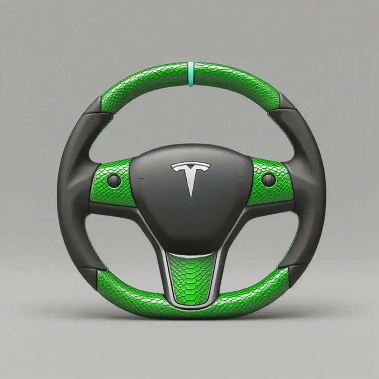 Green-Lizard-Skin-Tesla-Steering-Wheel-DYNA-A-Bold-Dash-of-Wildness-for-Your-Drive Axeco