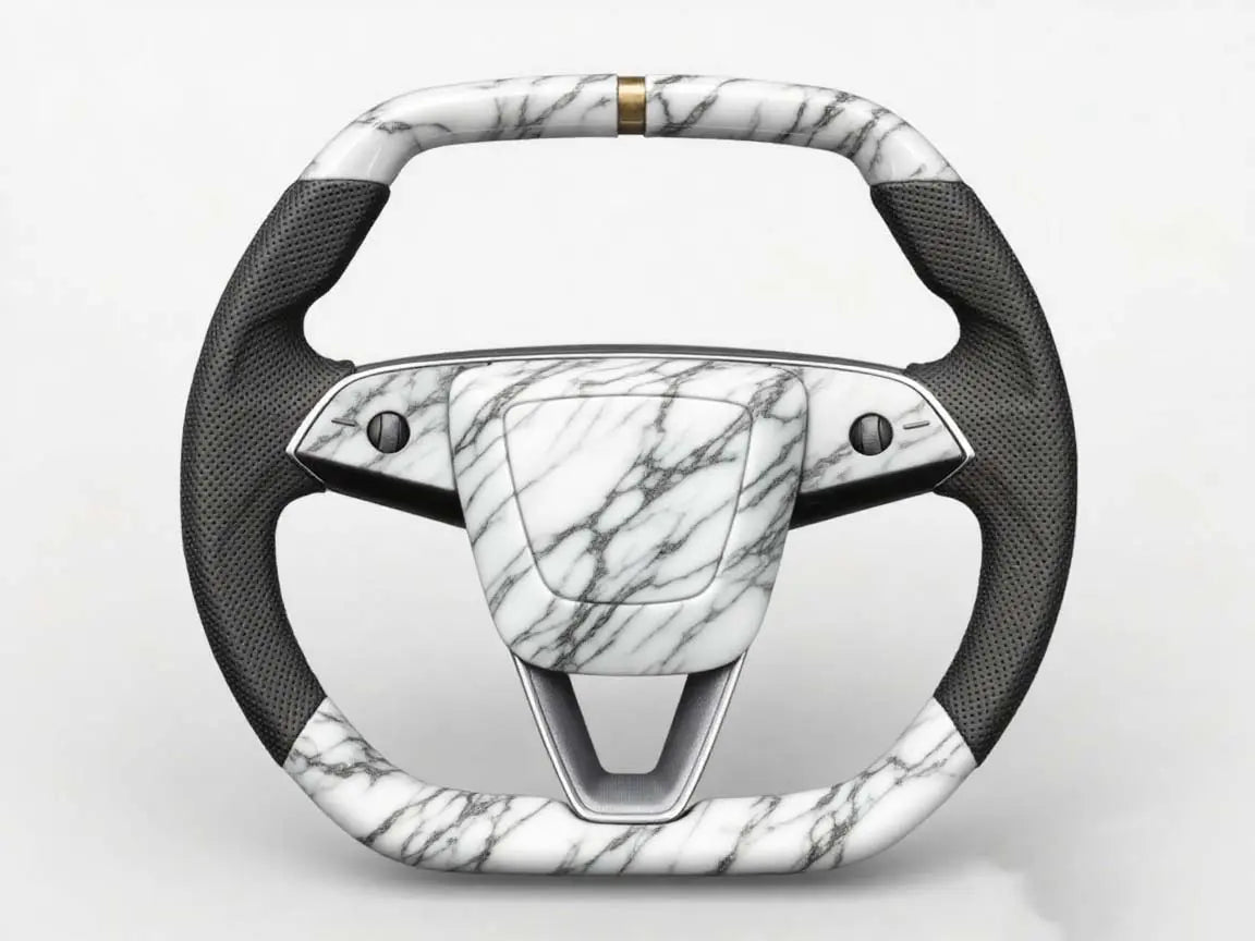 Luxurious-Texture-Tesla-Steering-Wheel-with-Black-and-white-Marble-Pattern Axeco