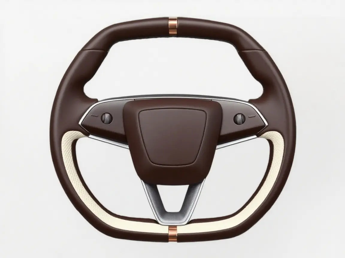 Retro-Elegant-luxury-Style-Tesla-Steering-Wheel-in-Brown-white-gold-Tone Axeco
