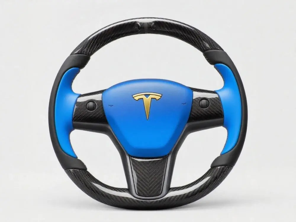 Tesla-Steering-Wheel-Deduces-Ultimate-Luxury-Tech-Style-with-Carbon-Fiber-Blue-Gold Axeco