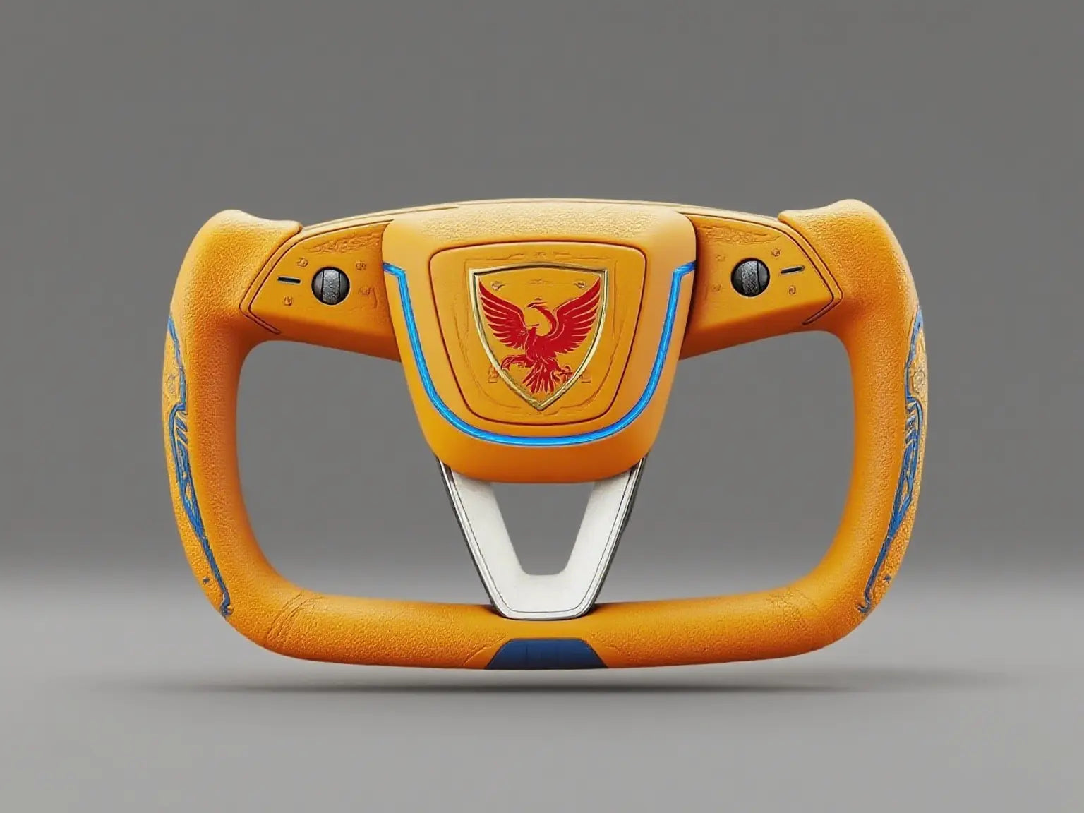 Tesla-Yoke-Steering-Wheel-The-Regal-Style-of-Emblem-adorned-Orange-blue-Leather Axeco