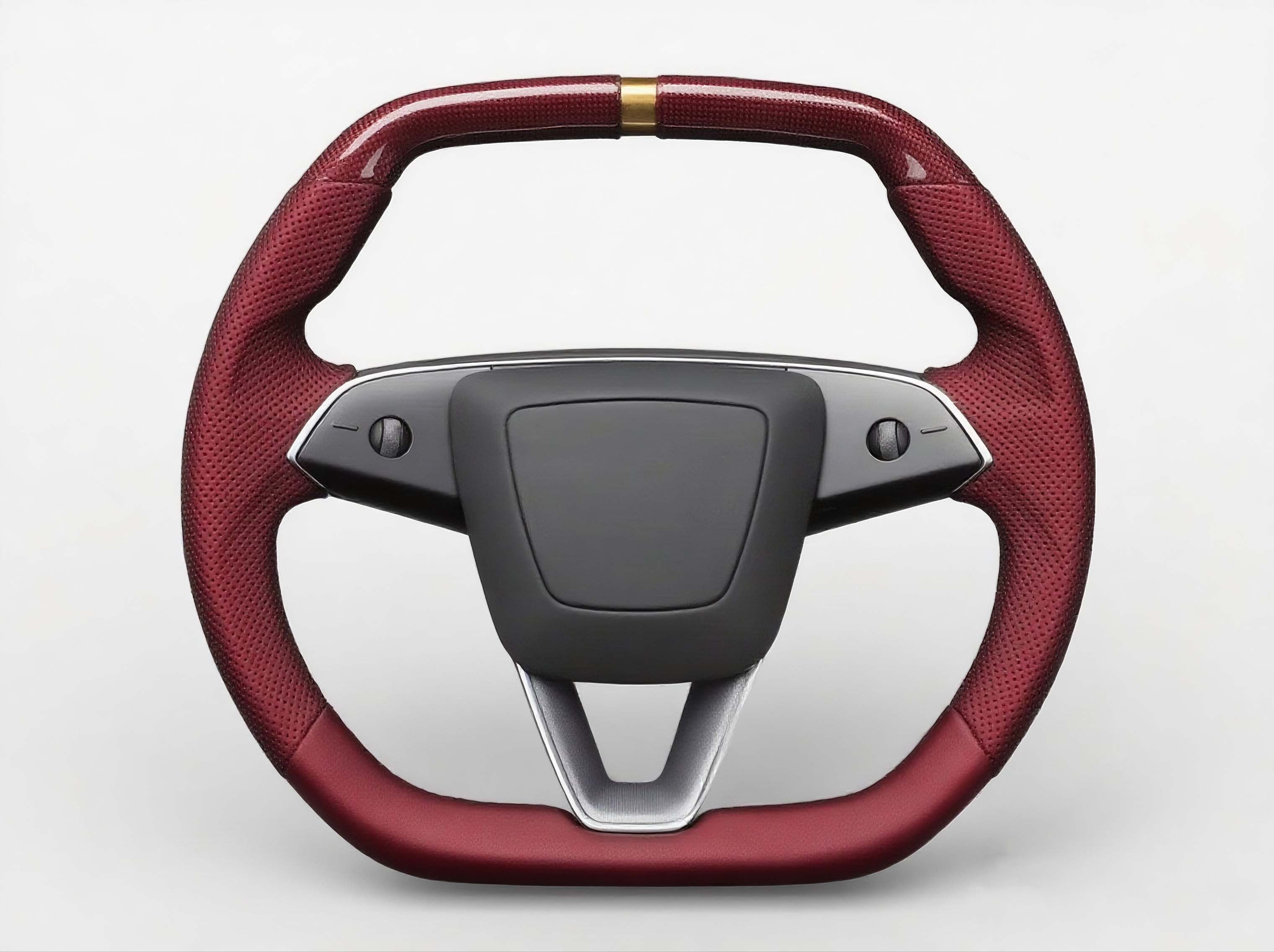The burgundy Tesla steering wheel showcases the allure of red elegance. - Axeco