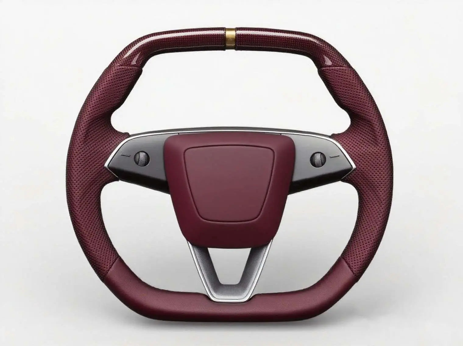 The-burgundy-Tesla-steering-wheel-shows-a-luxurious-style Axeco
