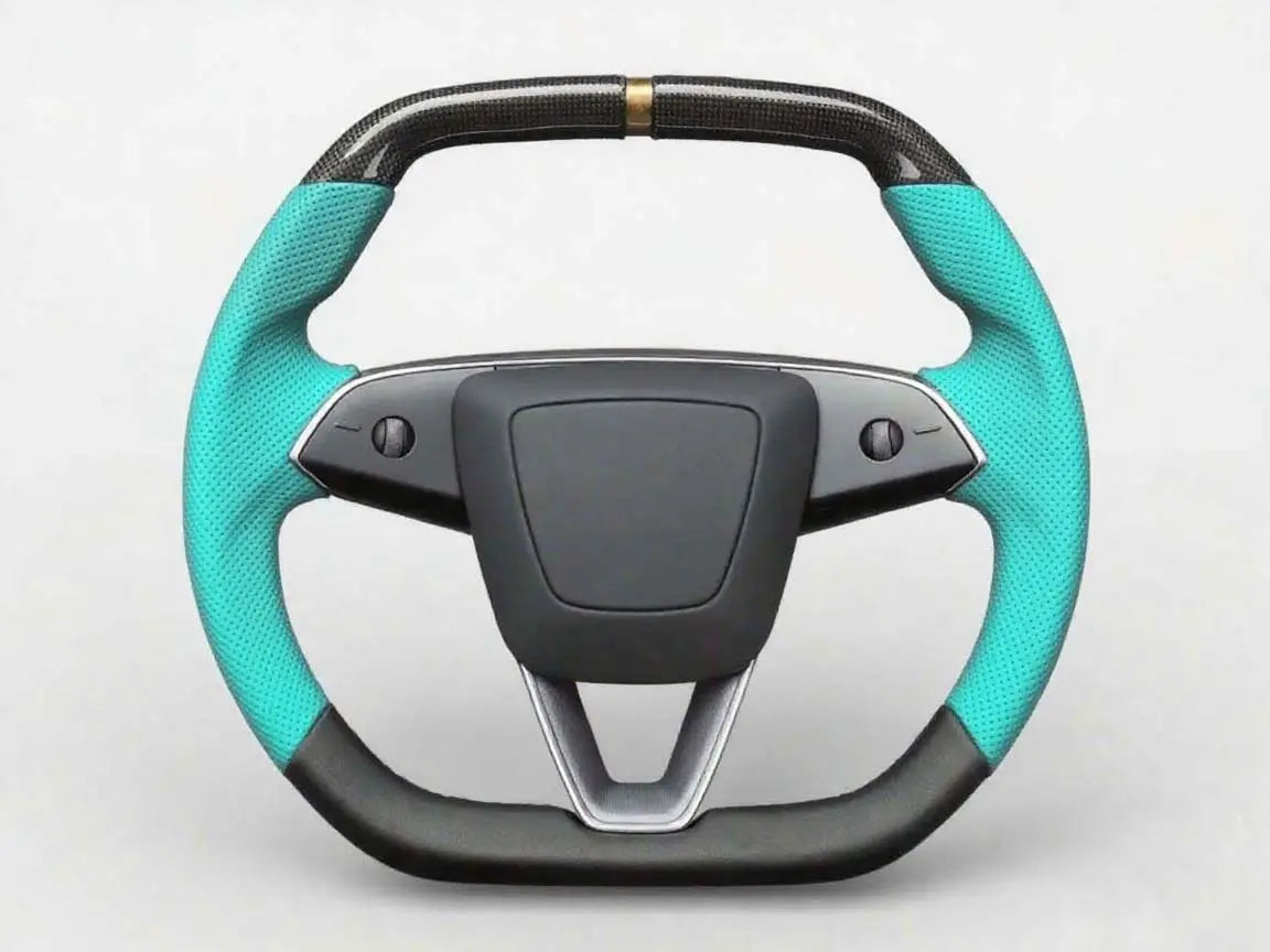 The-green-and-black-Tesla-steering-wheel-exudes-a-fresh-and-stable-style Axeco