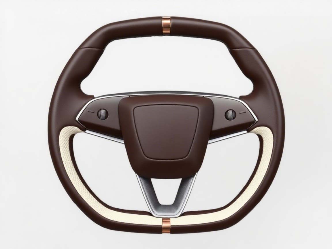 The retro and refined Tesla steering wheel with its intertwining brown and white colors - Axeco
