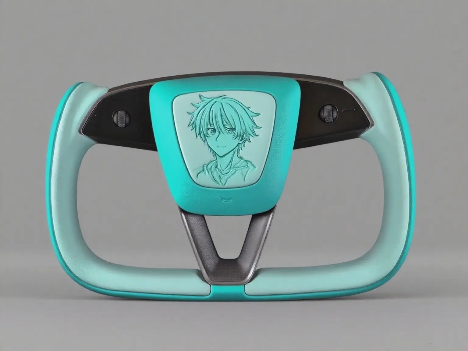 Turquoise-Teal-Leather-Tesla-Yoke-Steering-Wheel-Showcasing-Dreamy-Halo-with-Anime-Elements Axeco