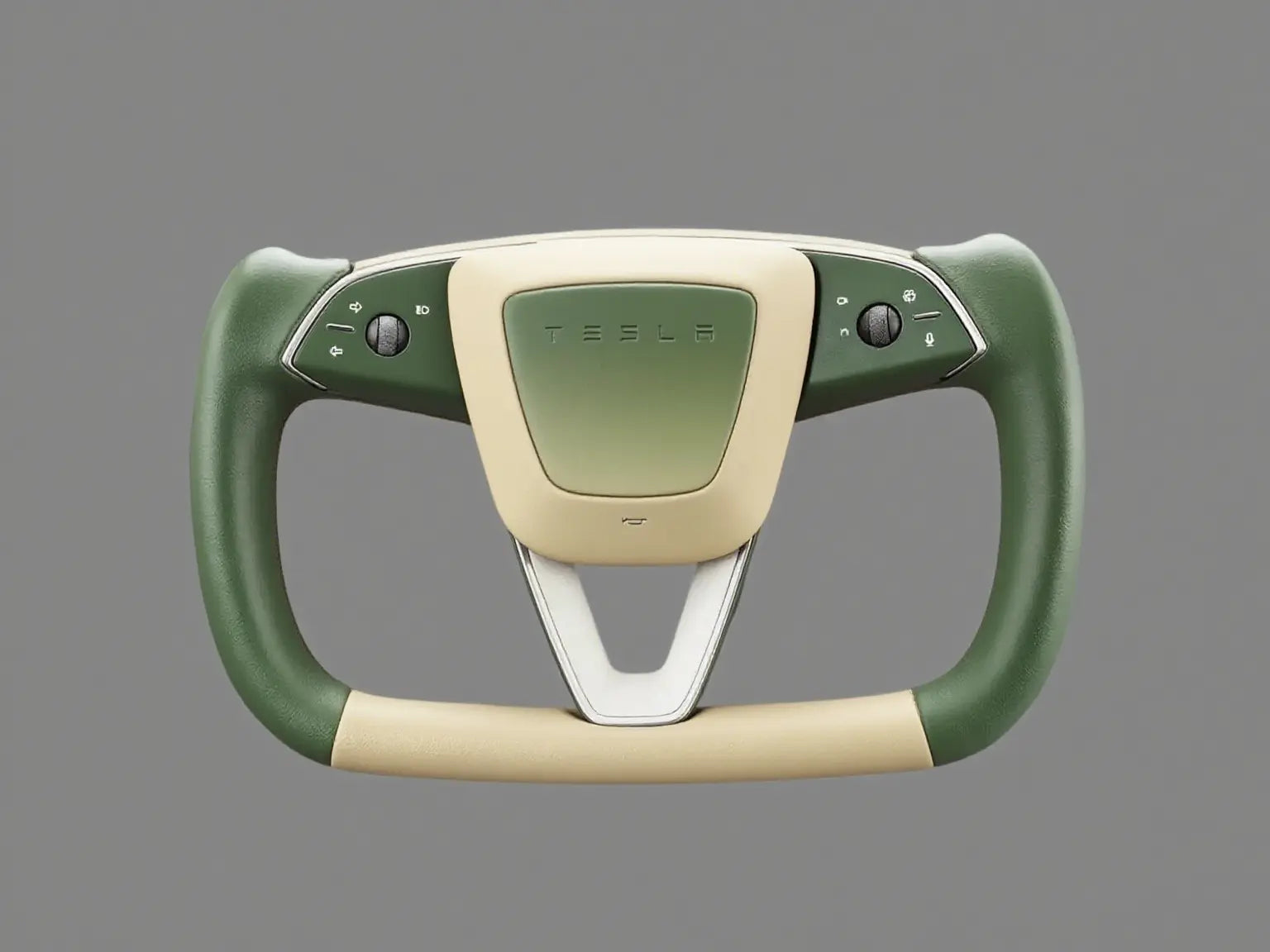 Unique-Harmony-Tesla-Yoke-Steering-Wheel-with-Two-tone-Green-beige-Leather Axeco