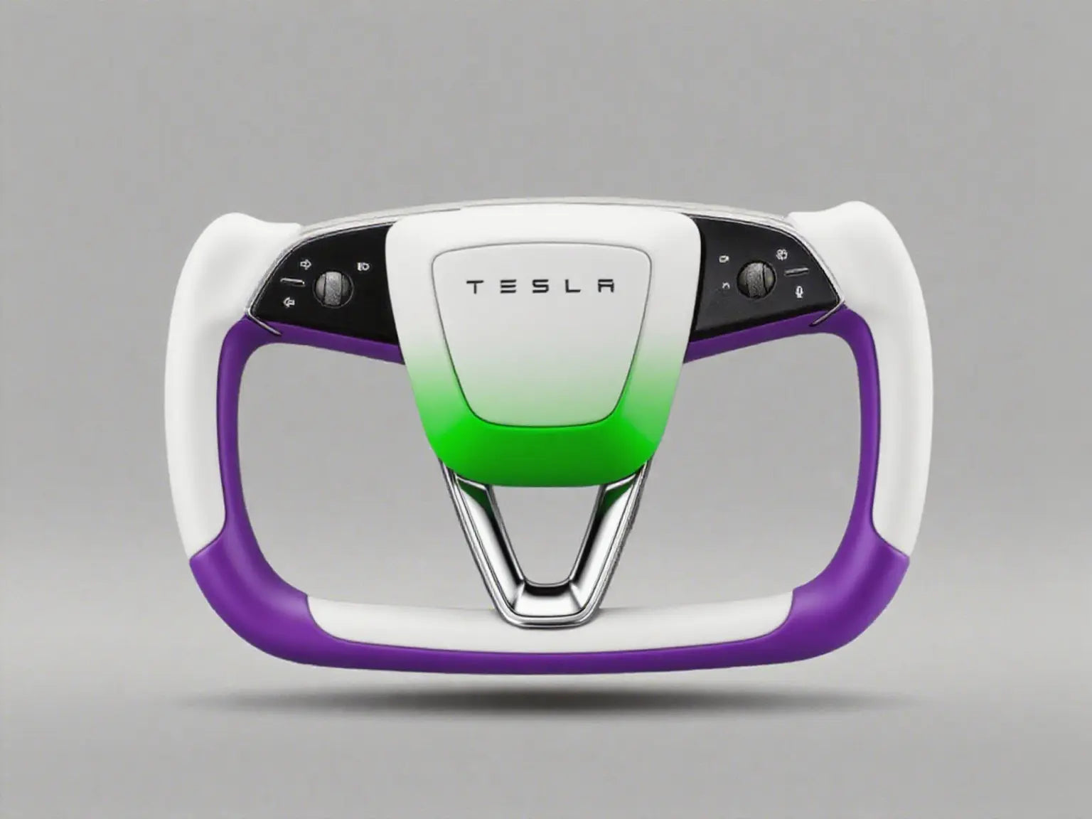 White-Purple-Green-Leather-Tesla-Yoke-Steering-Wheel-Deducing-Buzz-Lightyear-inspired-Vivid-Galactic-Style Axeco