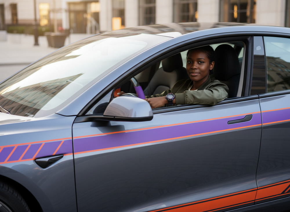 Bright orange and deep purple Carbon Fiber Tesla Model Y Juniper Steering Wheel For Lady's -Track Master(2023.9+) Axeco