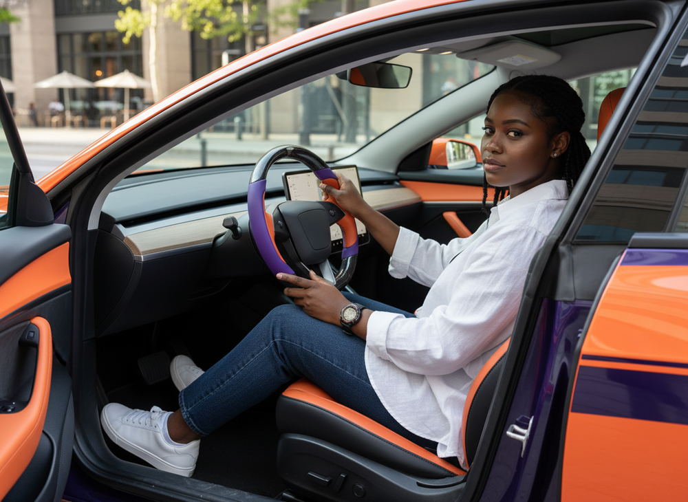 Bright orange and deep purple Carbon Fiber Tesla Model Y Juniper Steering Wheel For Lady's -Track Master(2023.9+) Axeco