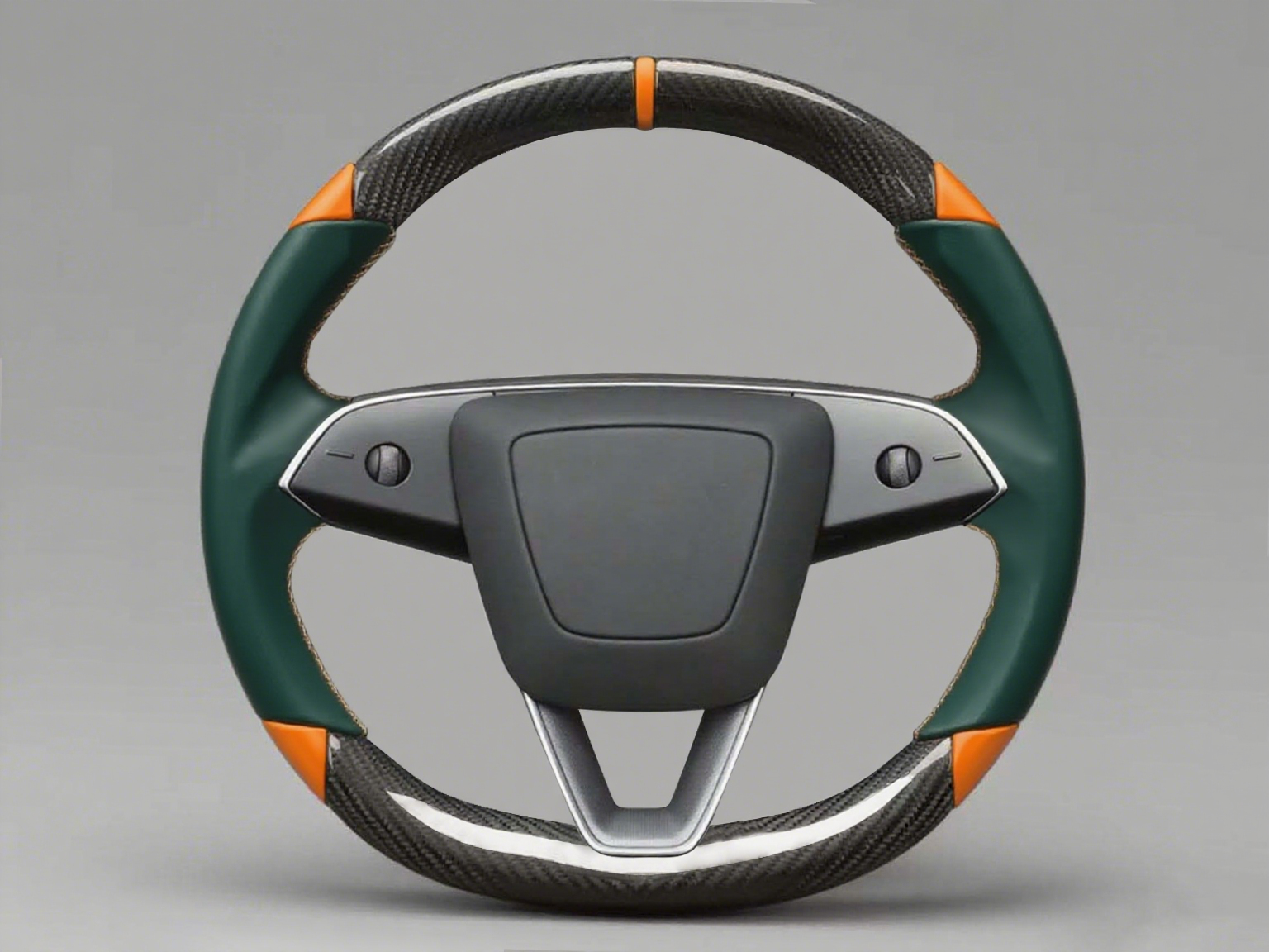Dark green and orange Leather Carbon Fiber Customize Tesla Model Y Juniper Steering Wheel - DYNA (2025+) Axeco