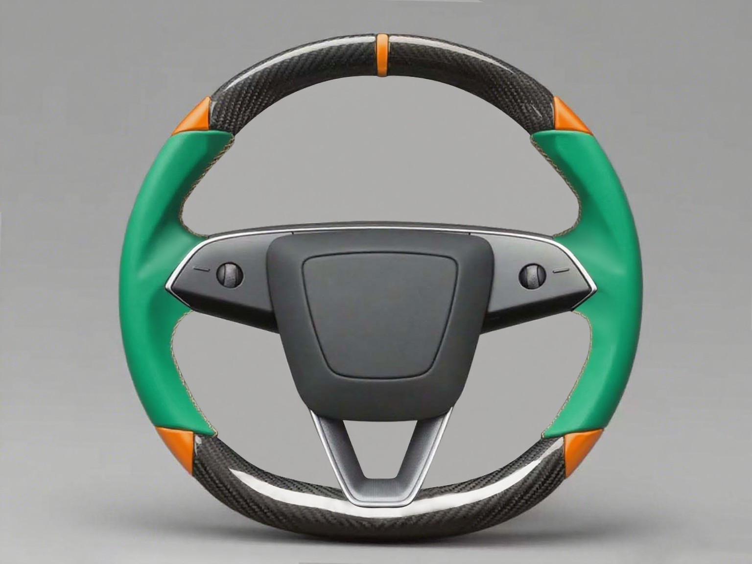 Green and orange Leather Carbon Fiber Customize Tesla Model Y Juniper Steering Wheel - DYNA (2025+) Axeco