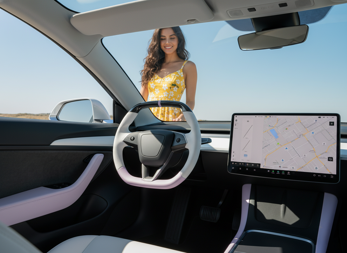 White and light purple Leather Carbon Fiber Customize Tesla model 3 highland Steering Wheel - Super Enhancer(2023.9+) Axeco