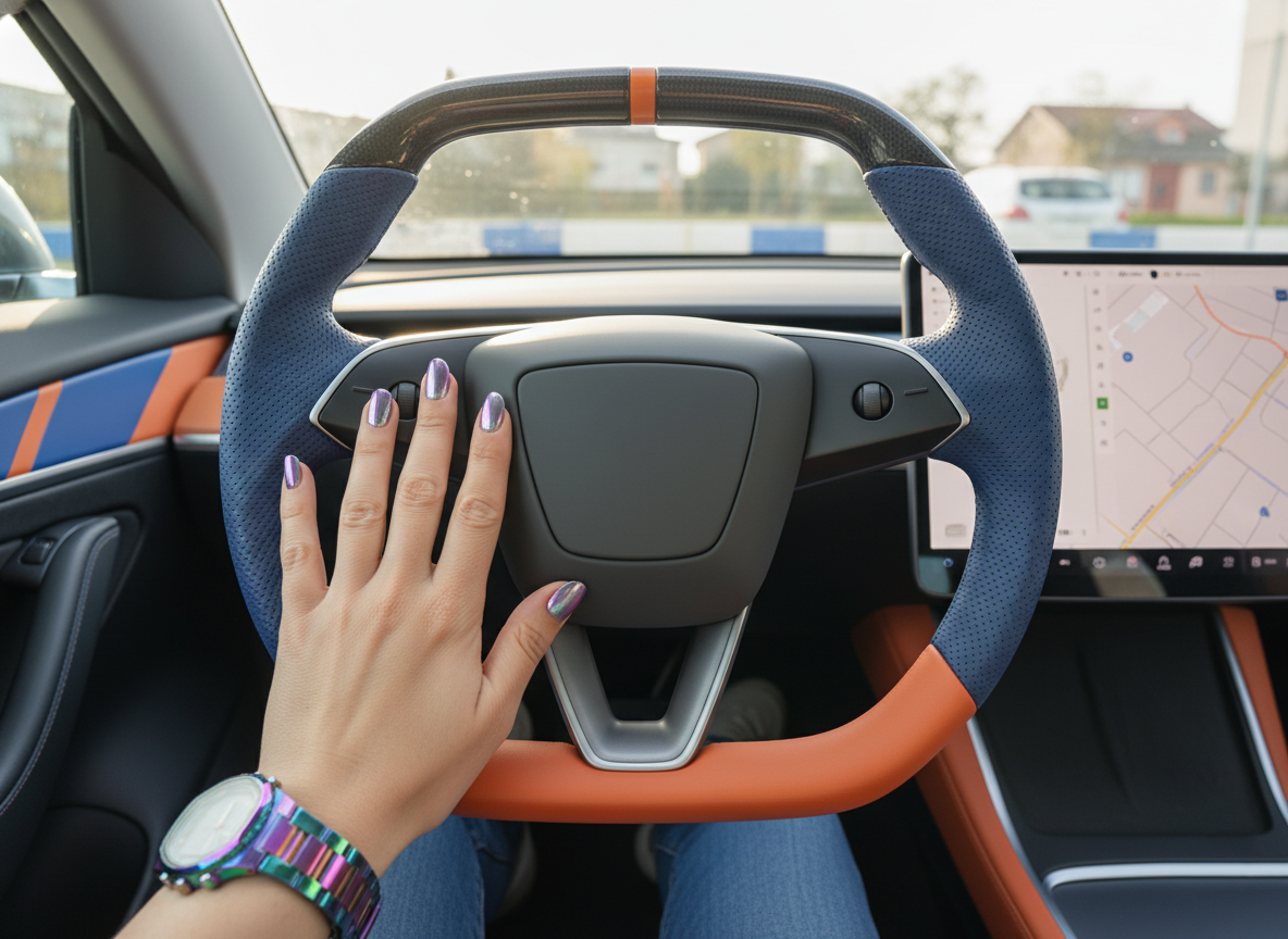 Blue and orange Leather Carbon Fiber Customize Tesla model 3 highland Steering Wheel - Super Enhancer(2023.9+) Axeco