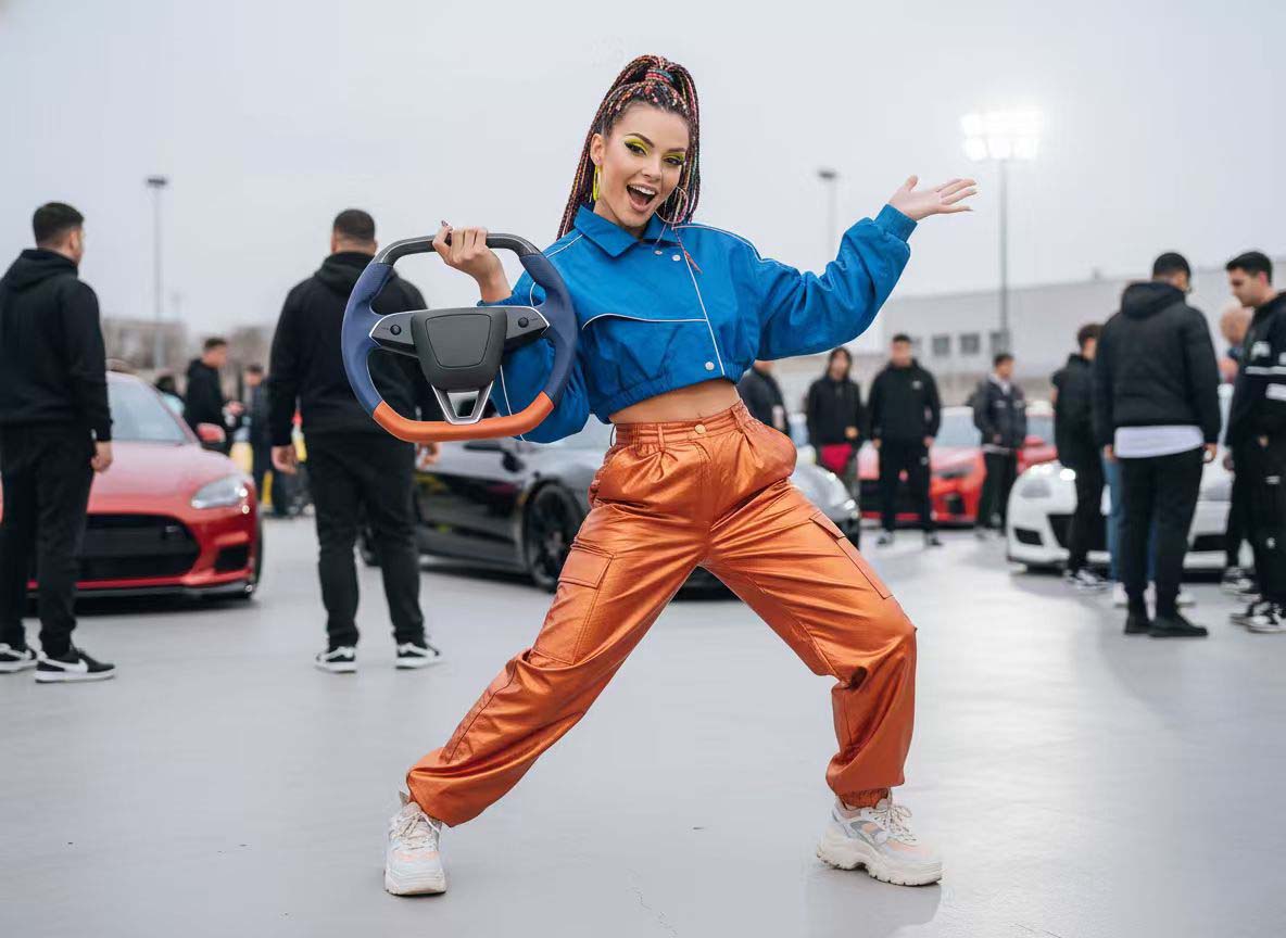 Blue and orange Leather Carbon Fiber Customize Tesla model 3 highland Steering Wheel - Super Enhancer(2023.9+) Axeco