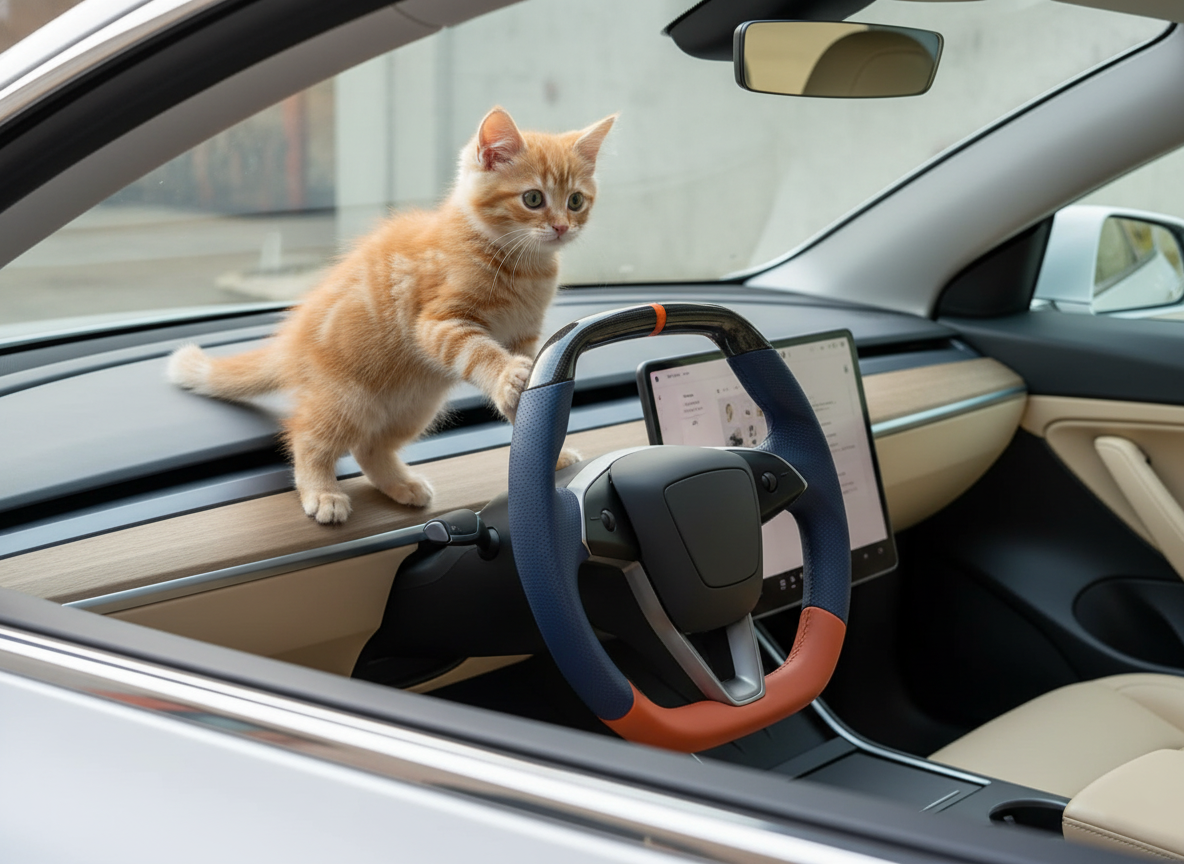 Blue and orange Leather Carbon Fiber Customize Tesla model 3 highland Steering Wheel - Super Enhancer(2023.9+) Axeco