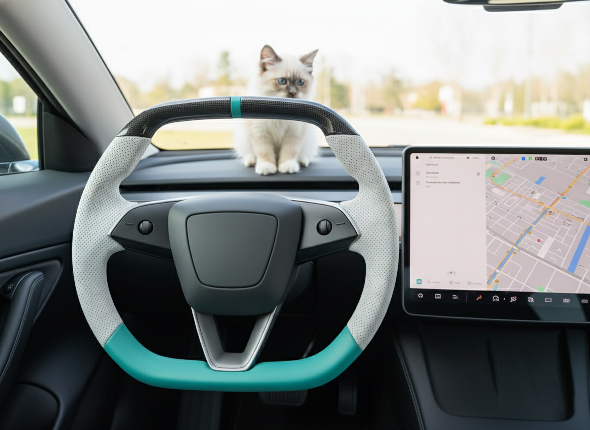 White and light green Leather Carbon Fiber Customize Tesla model 3 highland Steering Wheel - Super Enhancer(2023.9+) Axeco