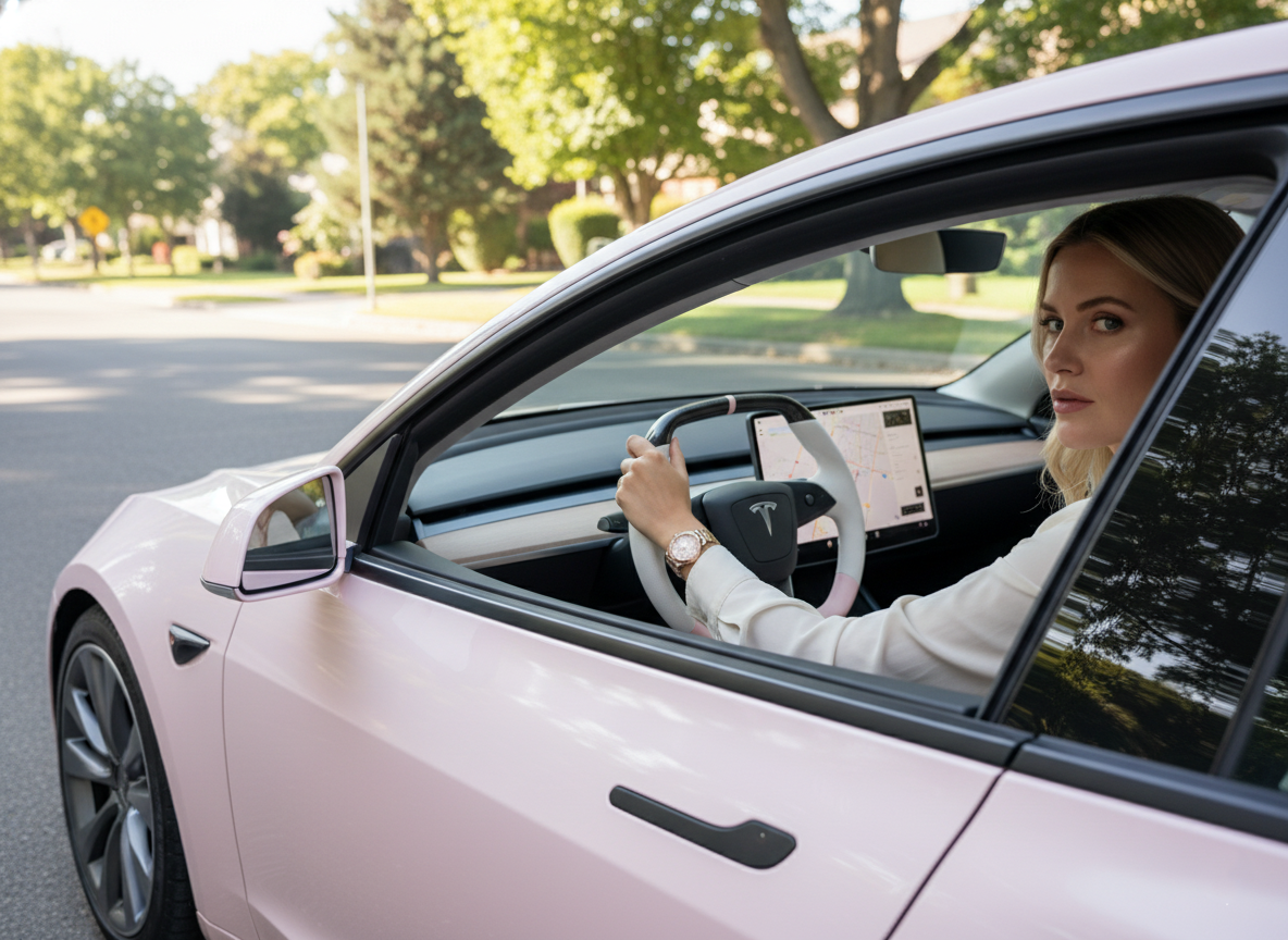 White and pink Leather Carbon Fiber Customize Tesla model 3 highland Steering Wheel - Super Enhancer(2023.9+) Axeco