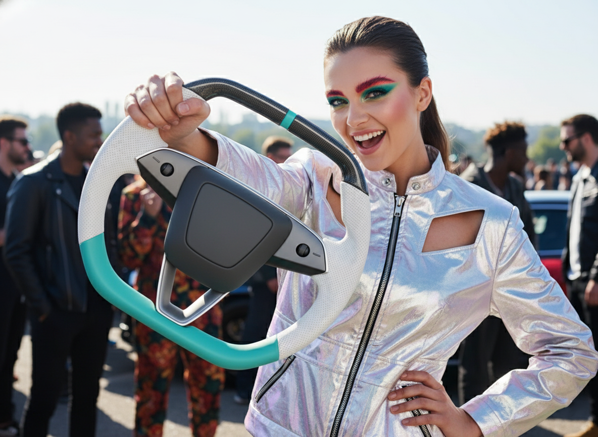 White and light green Leather Carbon Fiber Customize Tesla model 3 highland Steering Wheel - Super Enhancer(2023.9+) Axeco