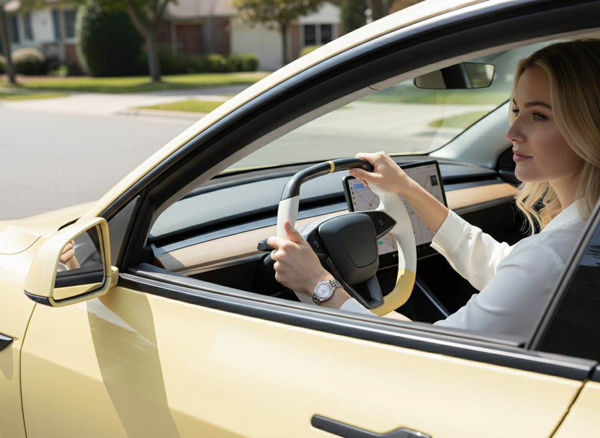 White and yellow Leather Carbon Fiber Customize Tesla model 3 highland Steering Wheel - Super Enhancer(2023.9+) Axeco