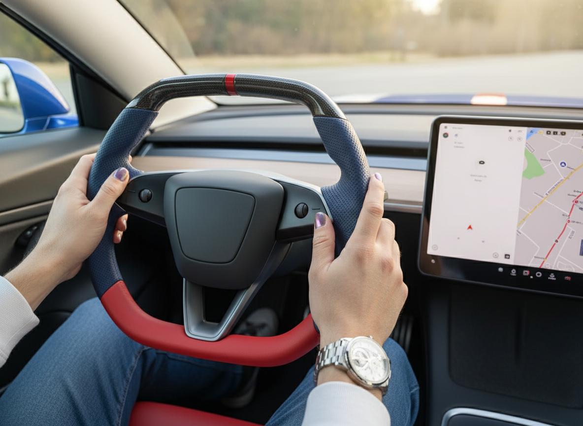 Blue and red Leather Carbon Fiber Customize Tesla model 3 highland Steering Wheel - Super Enhancer(2023.9+) Axeco