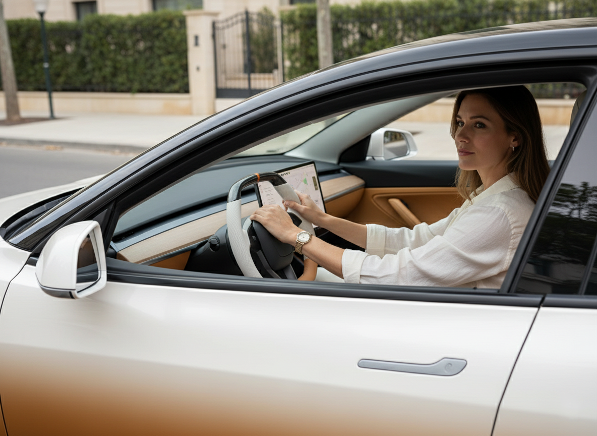 White and orange Leather Carbon Fiber Customize Tesla model 3 highland Steering Wheel - Super Enhancer(2023.9+) Axeco