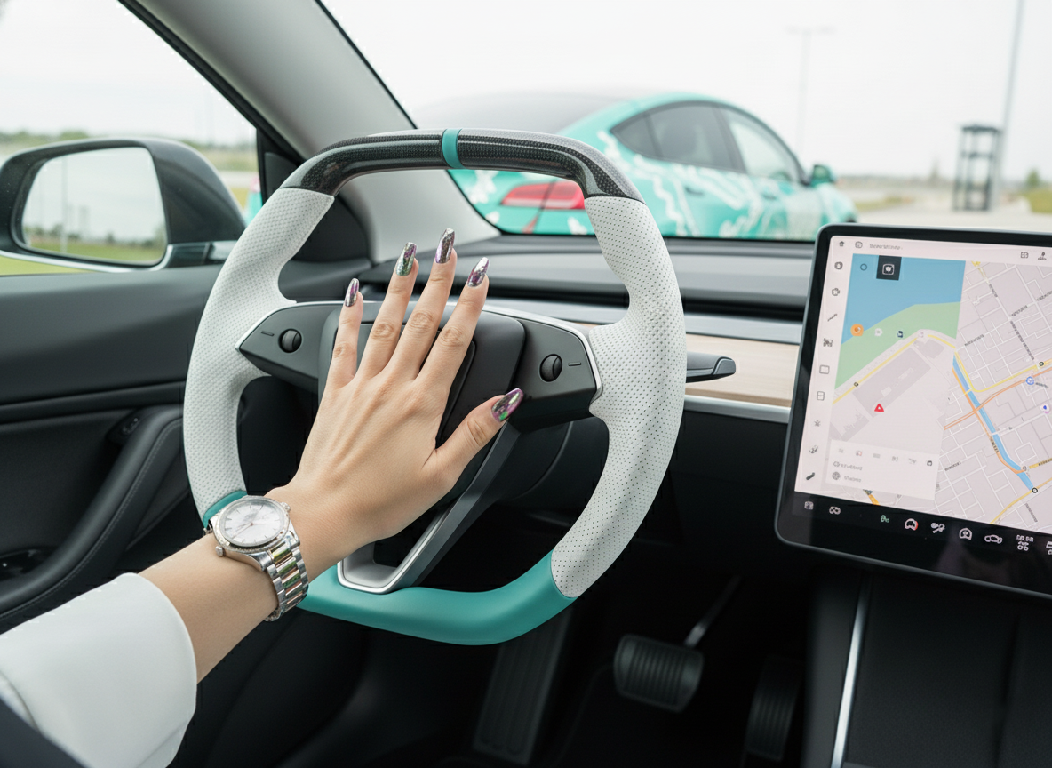 White and light green Leather Carbon Fiber Customize Tesla model 3 highland Steering Wheel - Super Enhancer(2023.9+) Axeco