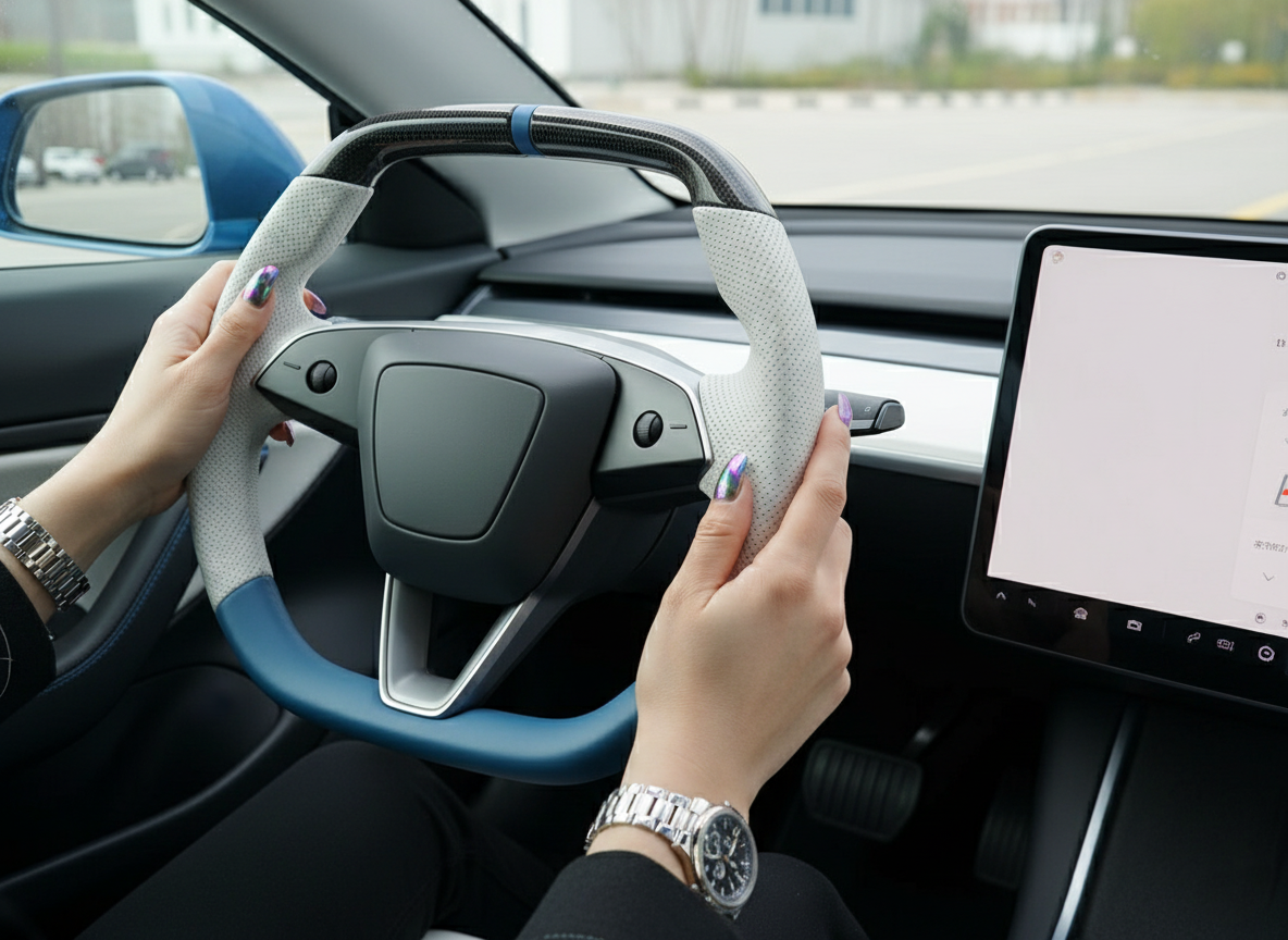 White and blue Leather Carbon Fiber Customize Tesla model 3 highland Steering Wheel - Super Enhancer(2023.9+) Axeco