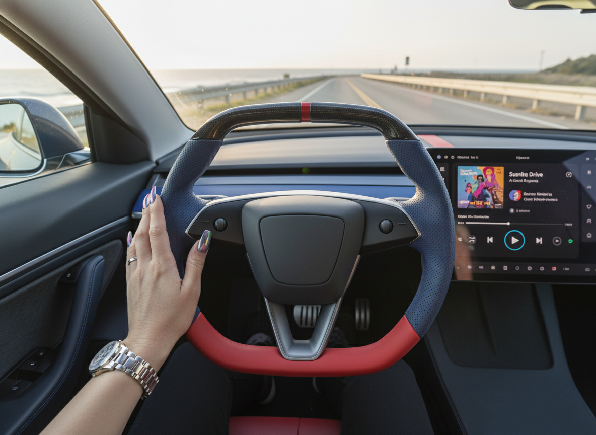 Blue and red Leather Carbon Fiber Customize Tesla model 3 highland Steering Wheel - Super Enhancer(2023.9+) Axeco