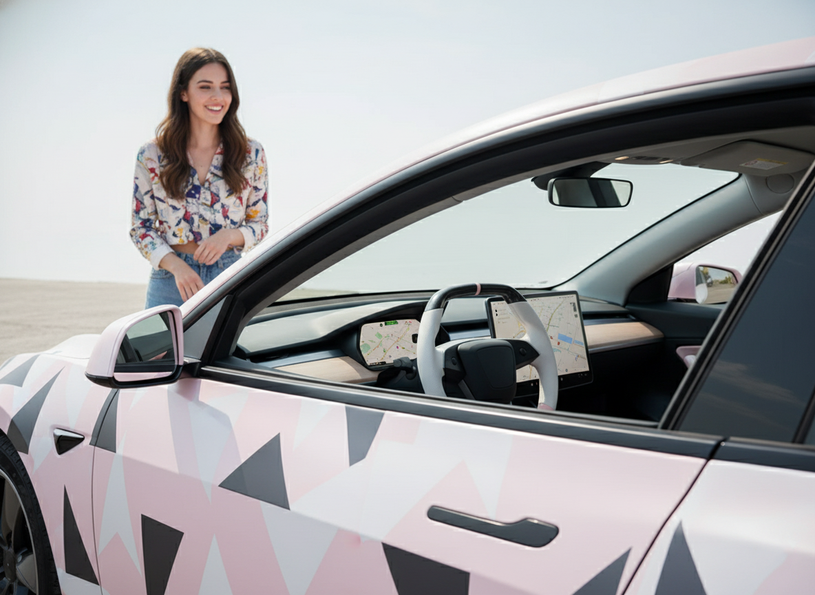 White and pink Leather Carbon Fiber Customize Tesla model 3 highland Steering Wheel - Super Enhancer(2023.9+) Axeco