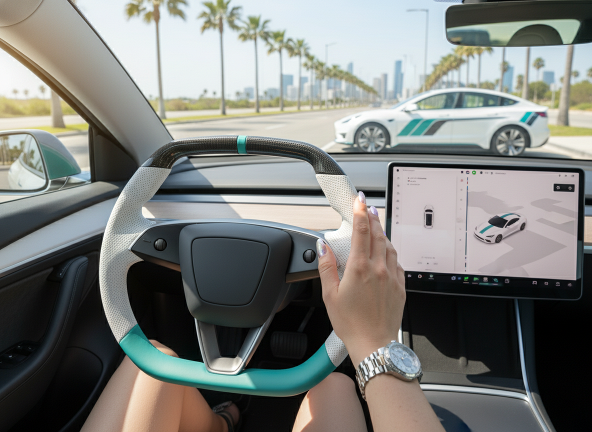 White and light green Leather Carbon Fiber Customize Tesla model 3 highland Steering Wheel - Super Enhancer(2023.9+) Axeco