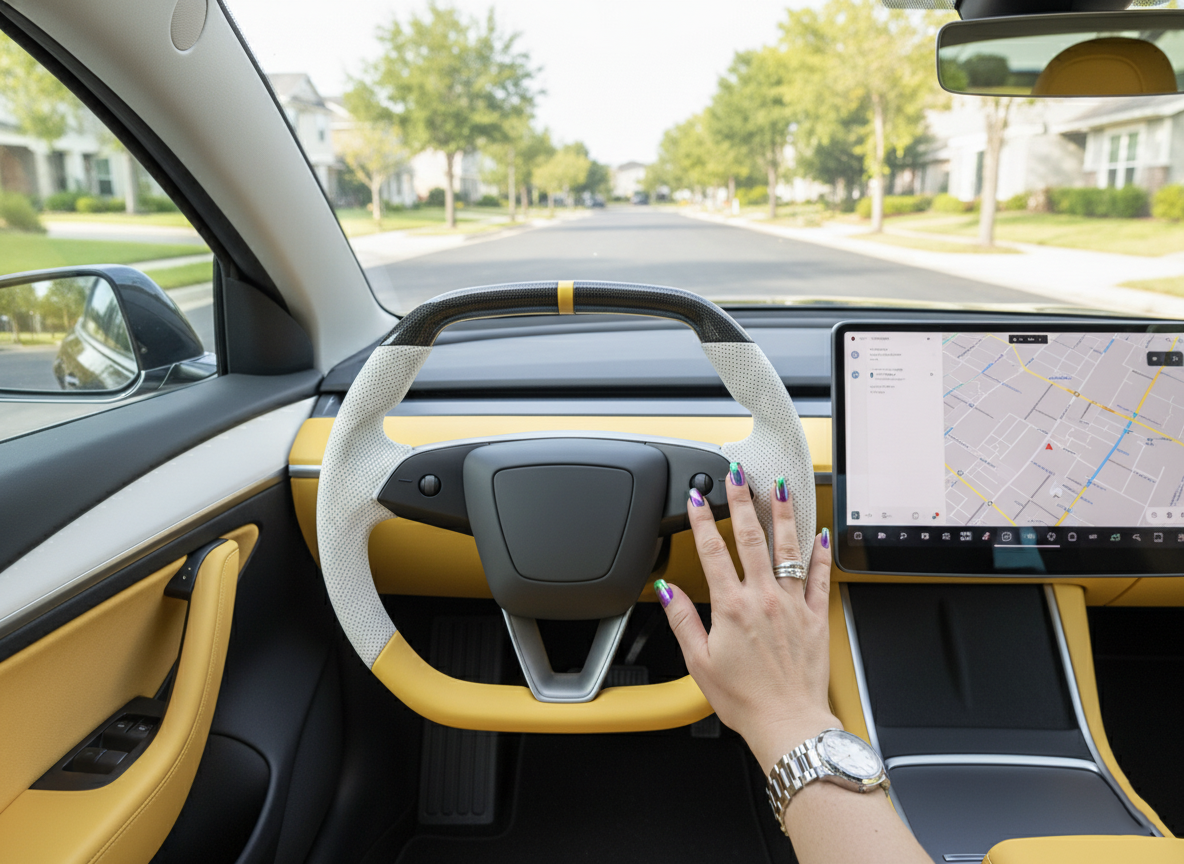 White and yellow Leather Carbon Fiber Customize Tesla model 3 highland Steering Wheel - Super Enhancer(2023.9+) Axeco