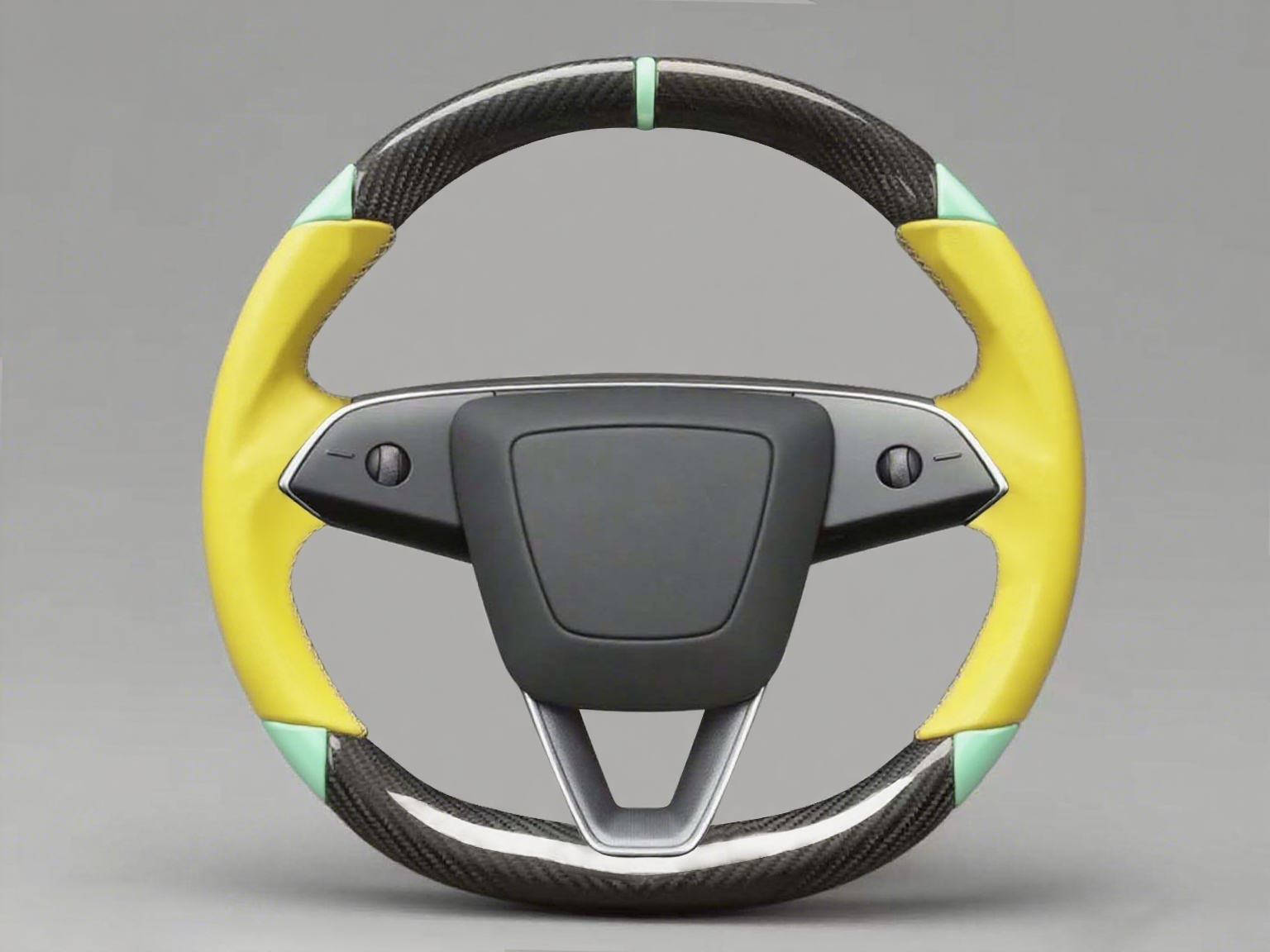 Yellow and light green Leather Carbon Fiber Customize Tesla Model Y Juniper Steering Wheel - DYNA (2025+) Axeco