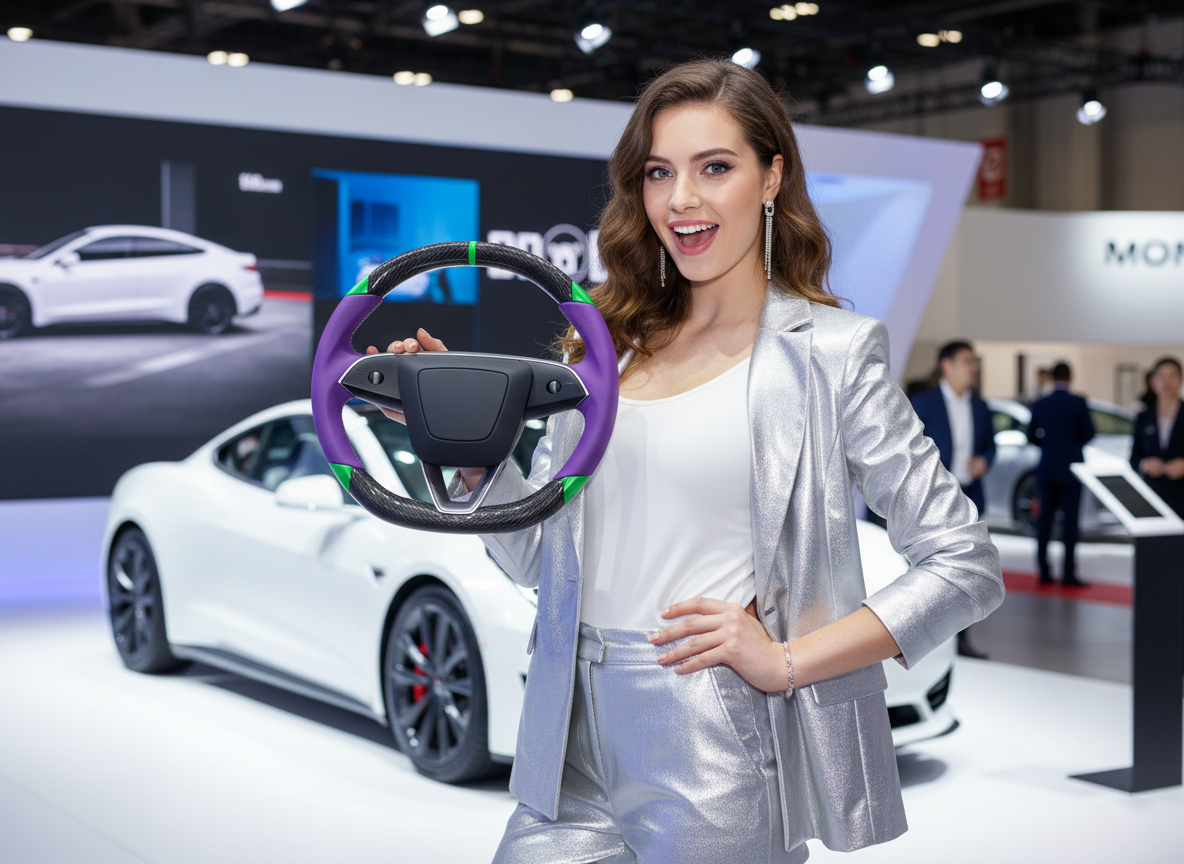 Purple and green Carbon Fiber Tesla Model 3 Highland Custom Steering Wheel -DYNA(2023.9) Axeco