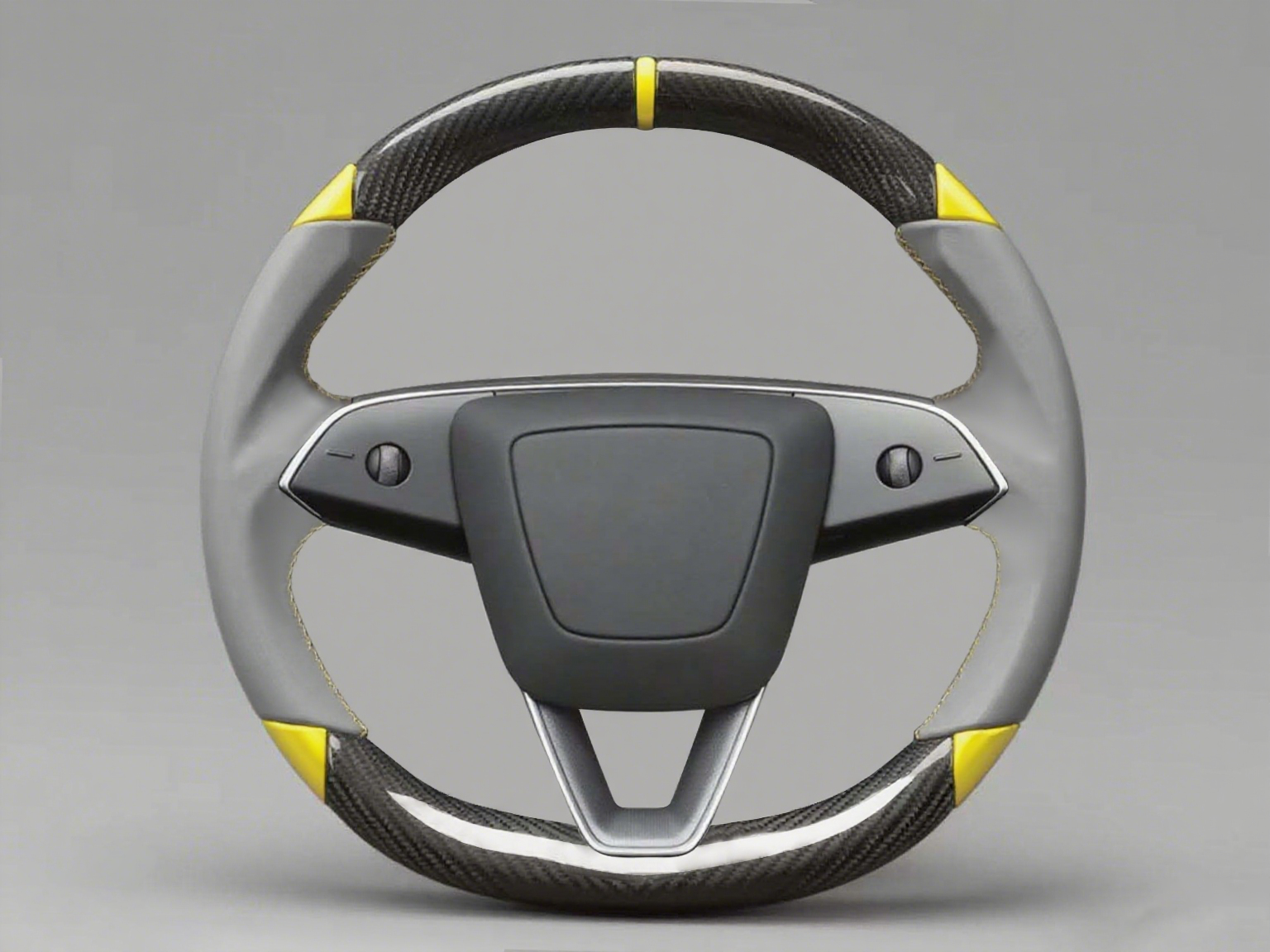 Grey and yellow Leather Carbon Fiber Customize Tesla Model Y Juniper Steering Wheel - DYNA (2025+) Axeco