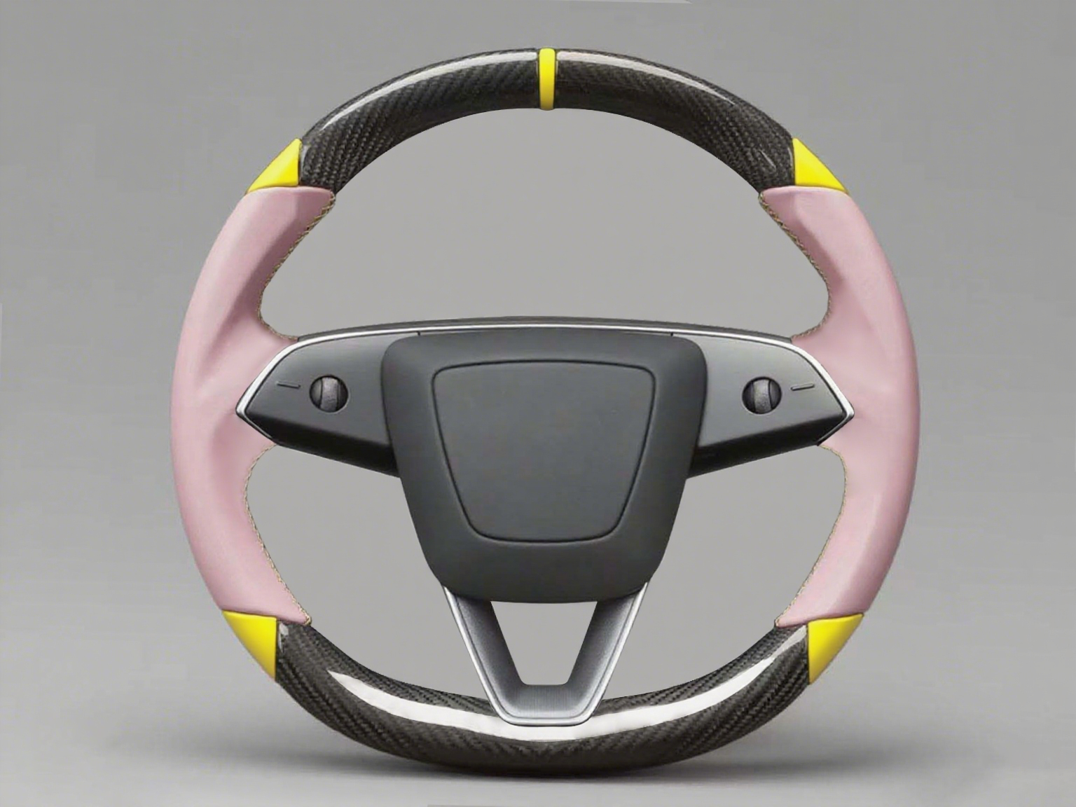 Pink and yellow Leather Carbon Fiber Customize Tesla Model Y Juniper Steering Wheel - DYNA (2025+) Axeco