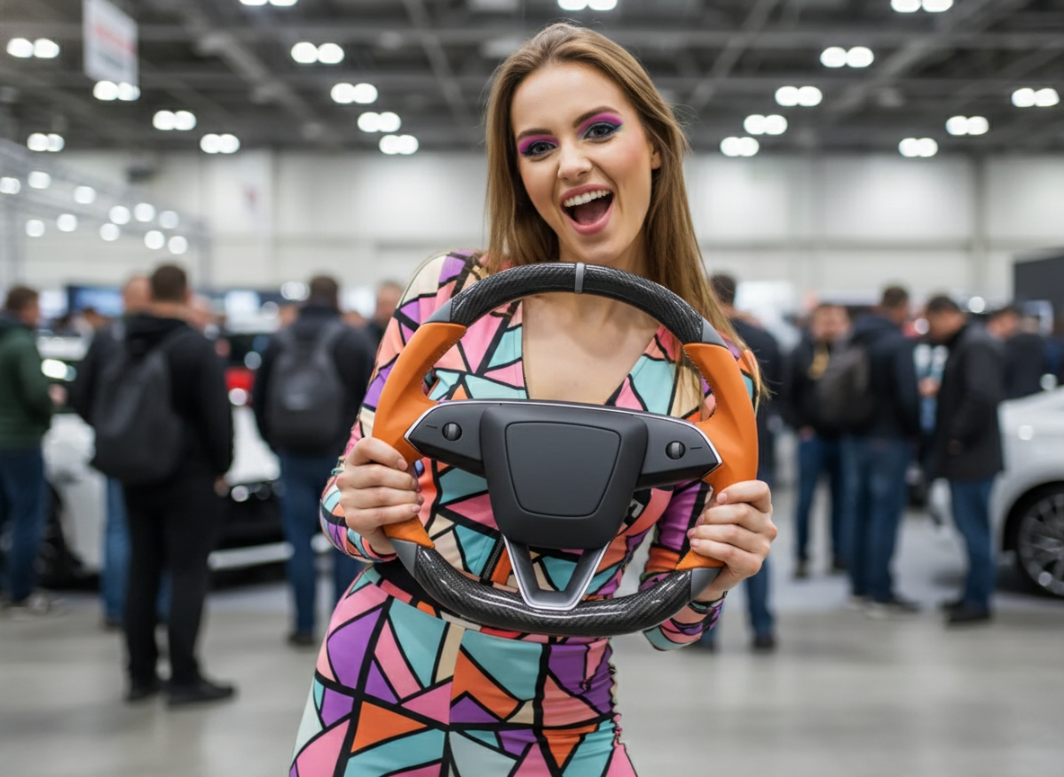 Orange and grey LeatherCarbon Fiber Tesla Model 3 Highland Custom Steering Wheel -DYNA(2023.9) Axeco