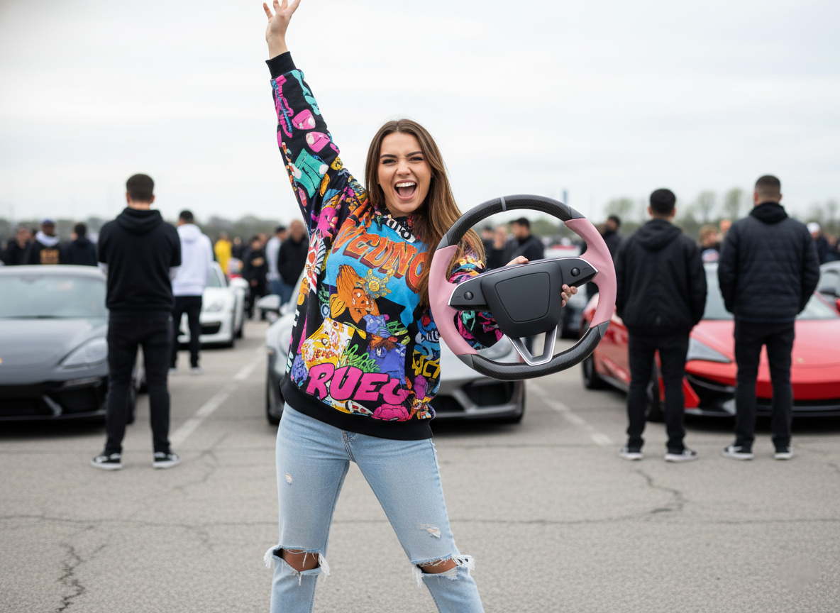 Pink and gray Carbon Fiber Tesla Model 3 Highland Custom Steering Wheel -DYNA(2023.9) Axeco