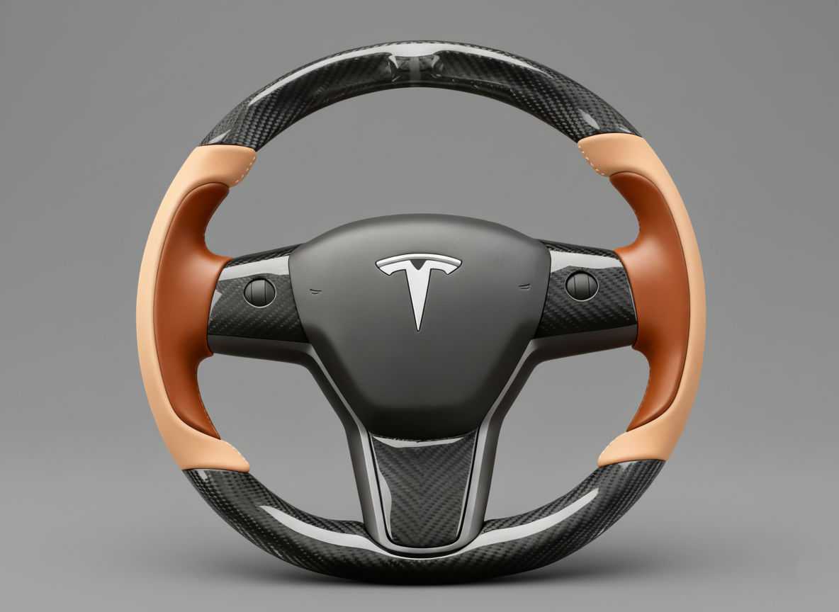 Brown and light brown Carbon Fiber Tesla Model Y Steering Wheel-Track Master(2020-2024) Axeco
