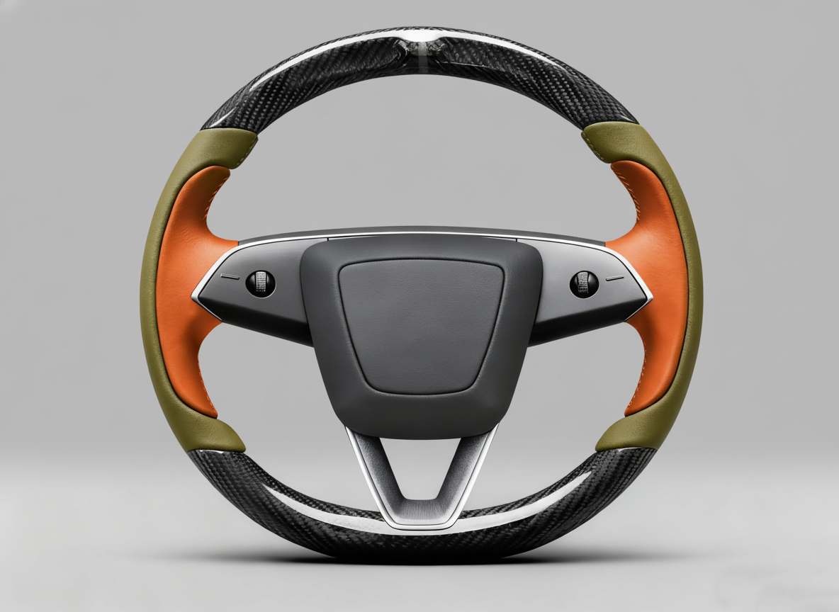 Olive green and vibrant orange Carbon Fiber Tesla Model Y Juniper Steering Wheel For Lady's -Track Master(2023.9+) Axeco