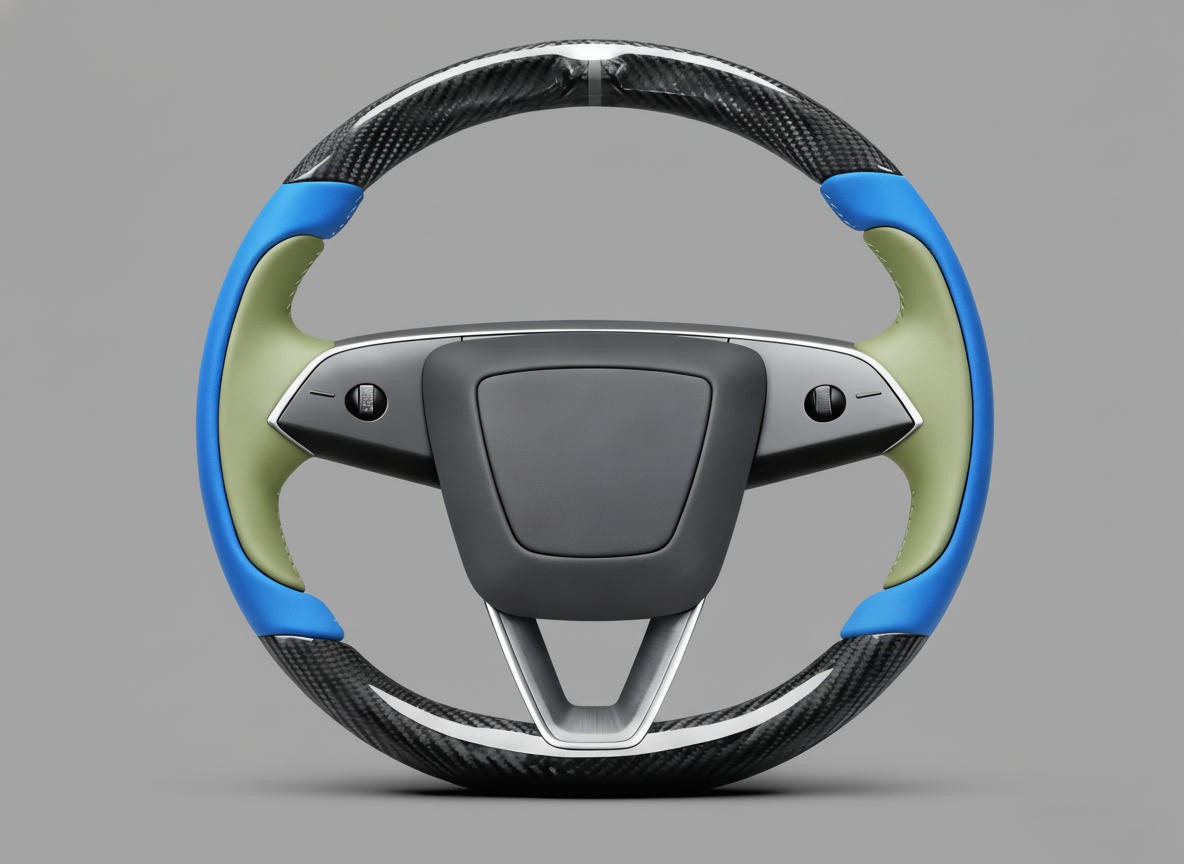 Blue and light green Carbon Fiber Tesla Model Y Juniper Steering Wheel For Lady's -Track Master(2023.9+) Axeco