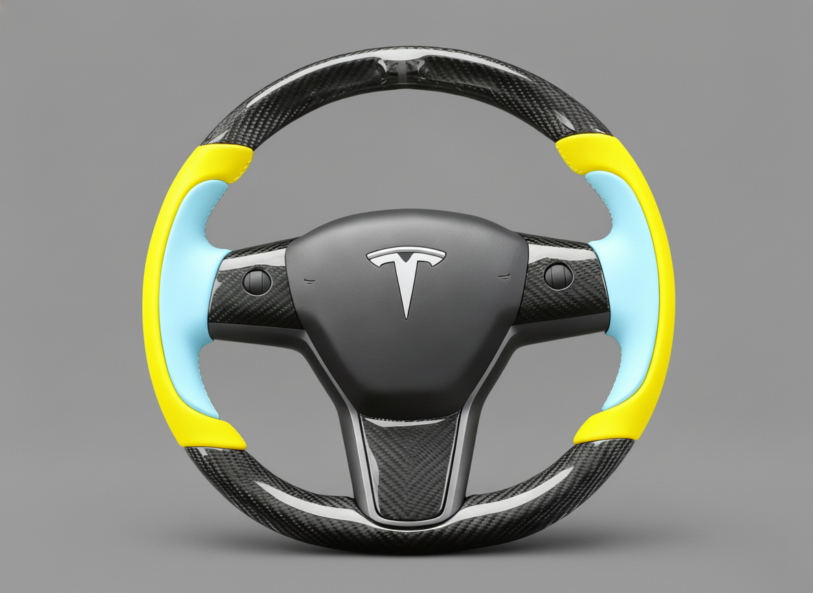 Yellow and light blue Carbon Fiber Tesla Model Y Steering Wheel-Track Master(2020-2024) Axeco