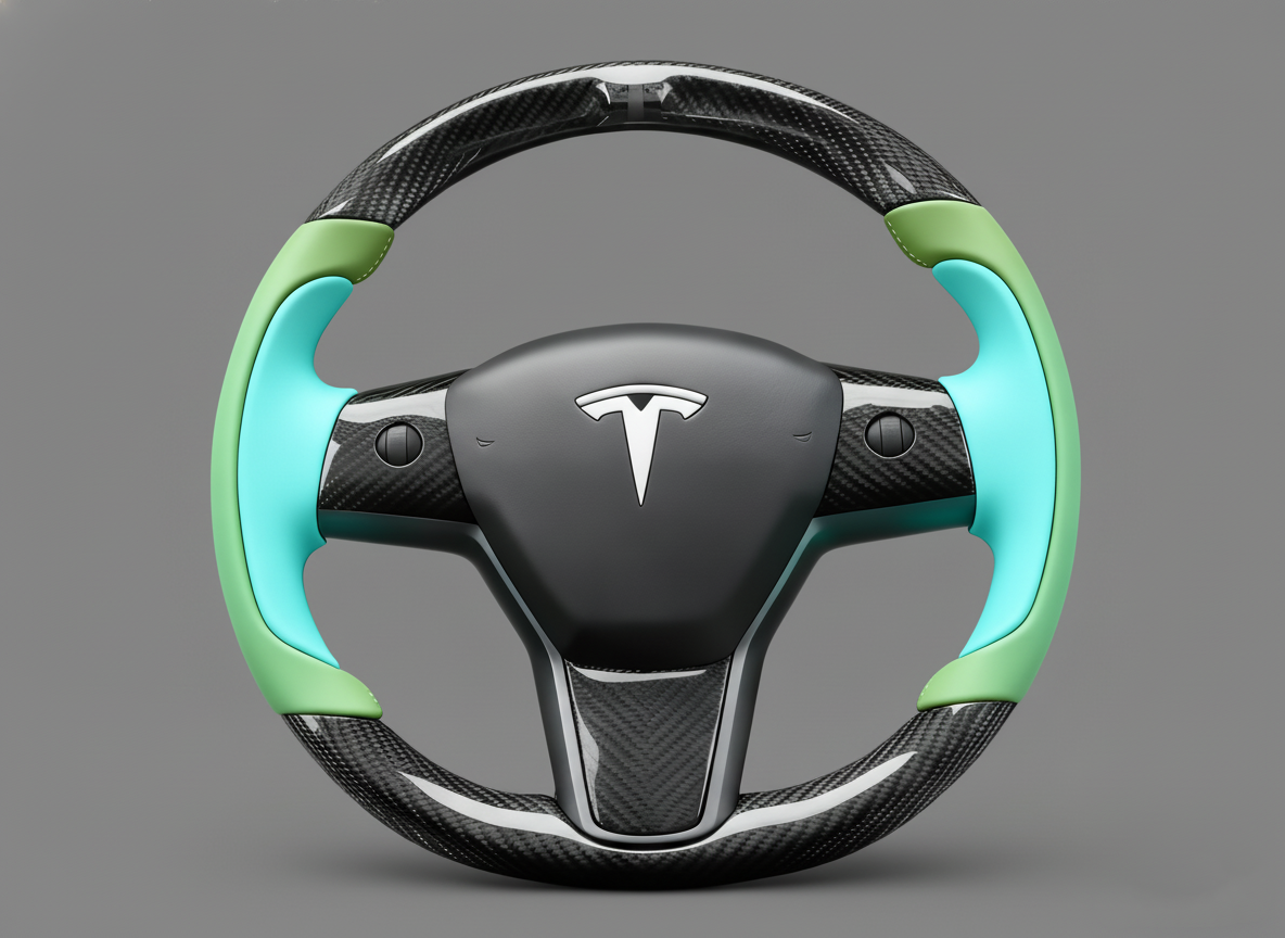 Green and light blue Carbon Fiber Tesla Model Y Steering Wheel-Track Master(2020-2024) Axeco