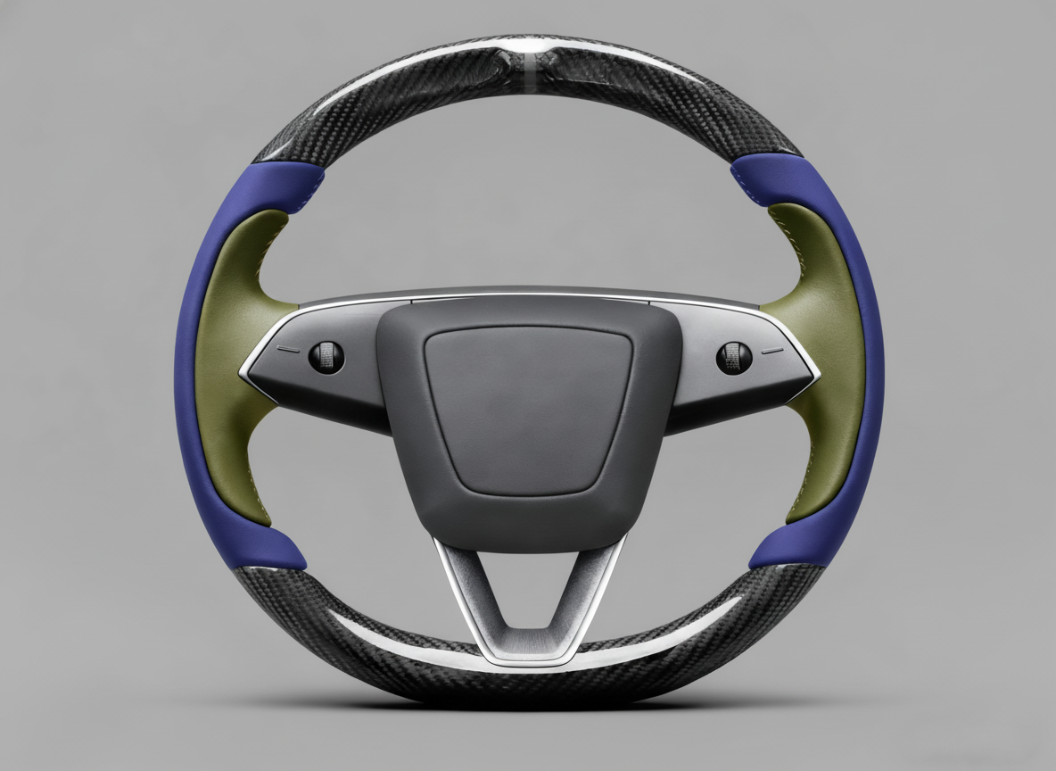 Blue and olive green Carbon Fiber Tesla Model Y Juniper Steering Wheel For Lady's -Track Master(2023.9+) Axeco