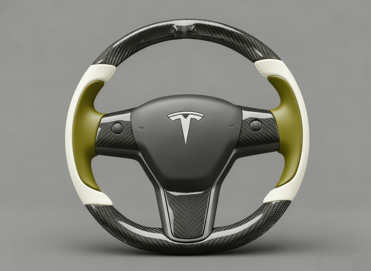 White and olive green Carbon Fiber Tesla model 3 Steering Wheel -Track Master(2023.9+) Axeco